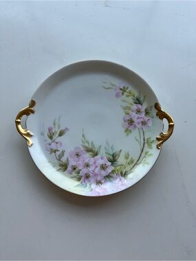 Vintage Bavarian Decorative Floral Serving Plate with Gold Handles - Pink
